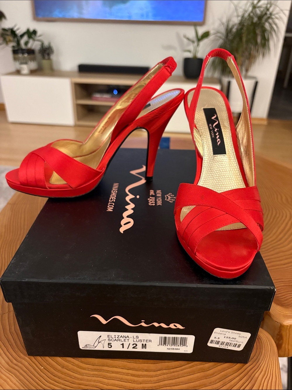 Nina Scarlet Satin Crisscross Slingback Heels